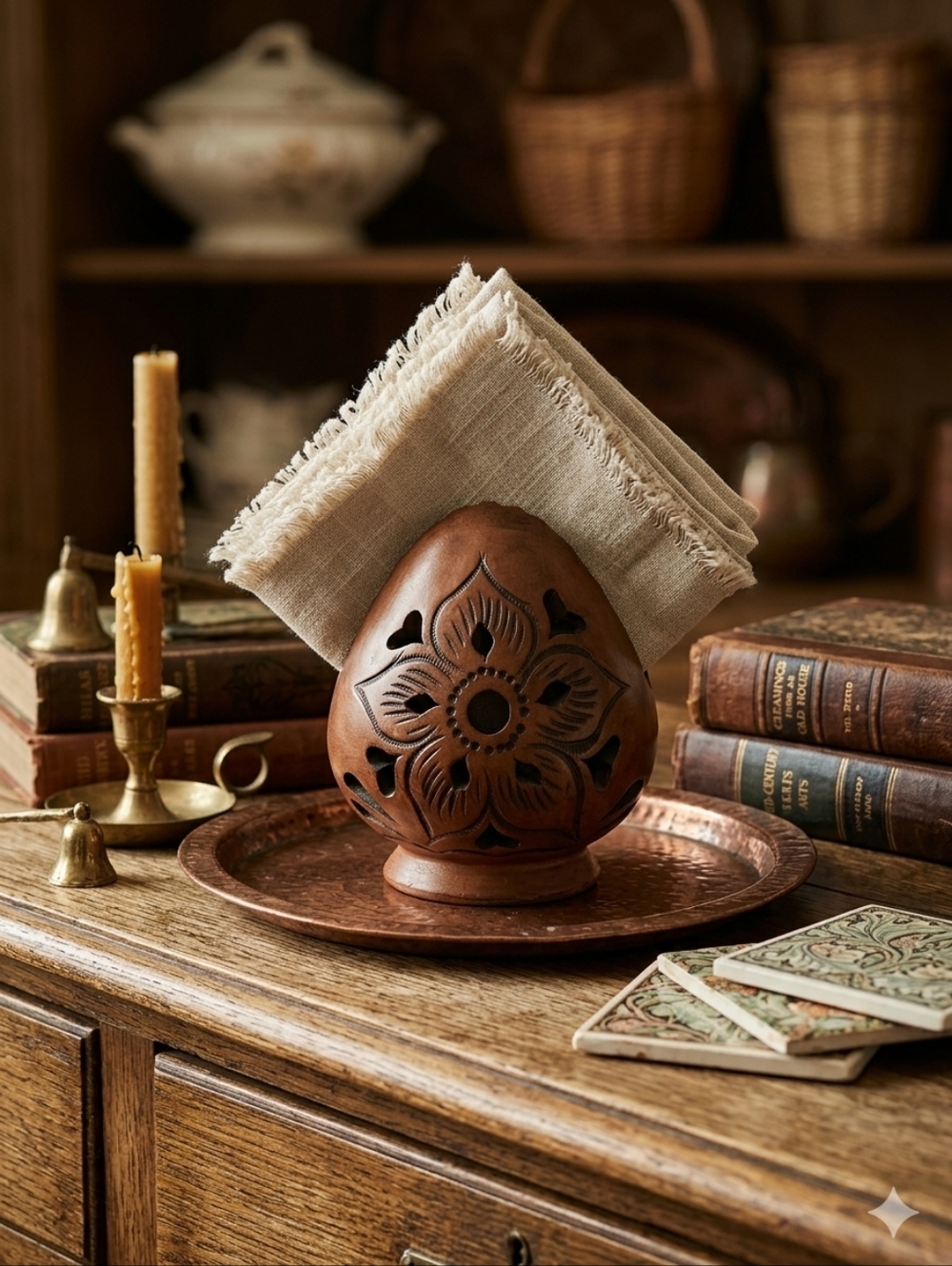 Oaxacan Etched Clay Napkin Holder, Boho Hand Carved Servillero
